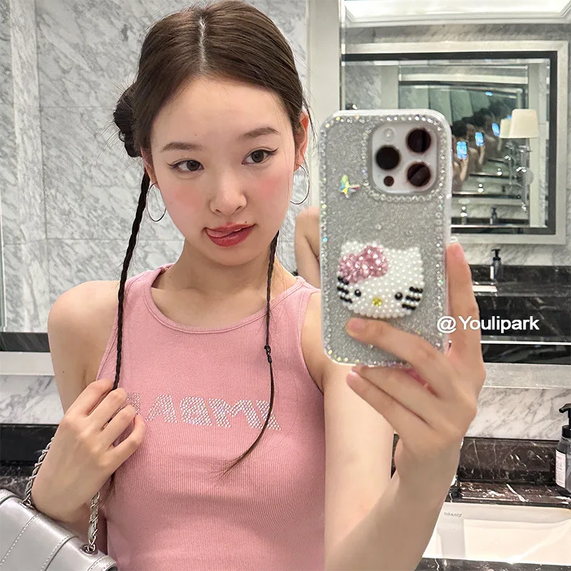 Kawaii Cartoon Sanrios Mobile Phone Case Applicable 15Promax Iphone16Pro Hello Kittys Full Diamond Three-Dimensional Girl Gift