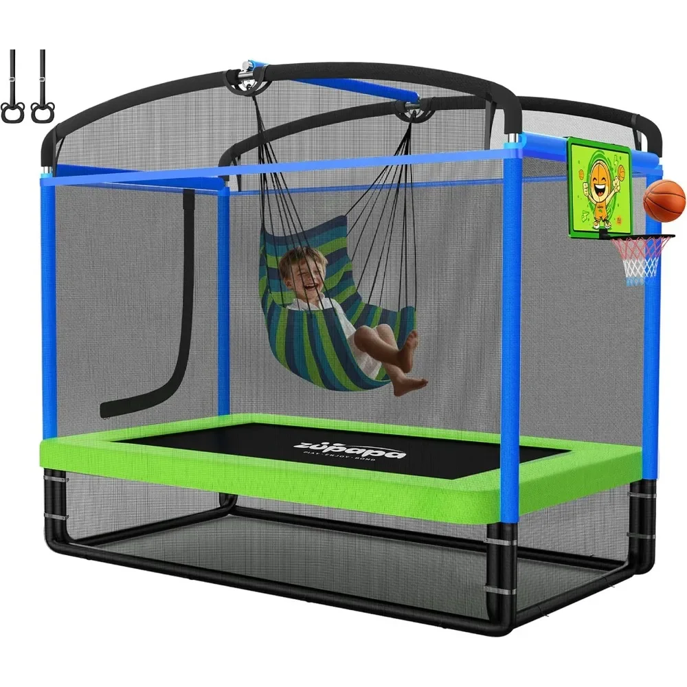 5-in-1 rechteckiges Kindertrampolin 6 Fuß mit Hängemattenstuhl, Basketballkorb und Sicherheitsnetz – robuste quadratische Tra für den Innen- und Außenbereich