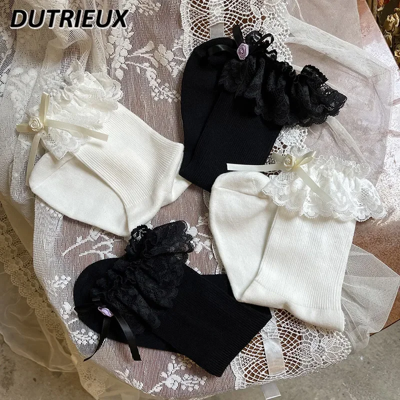 Japanese New Romantic Lace Rose Bow Lolita Sweet Cute Girl Mid-Calf Socks Student JK Bunching Socks Female Kawaii Stocking