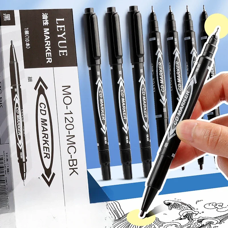 10-pack of Double-headed Markers Black Oil-based Fine Line Pens for Art Large-capacity Waterproof and Quick-drying Markers