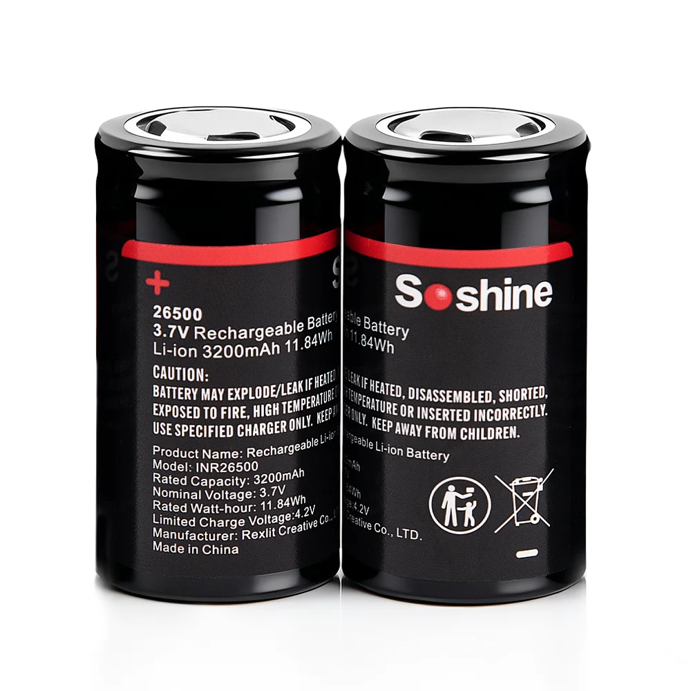 Soshine Li-ion 26500 Battery 3.7V 3200mAh Rechargeable Batteries 26500 Battery lithium for Flashlight Electric Razor Shaver