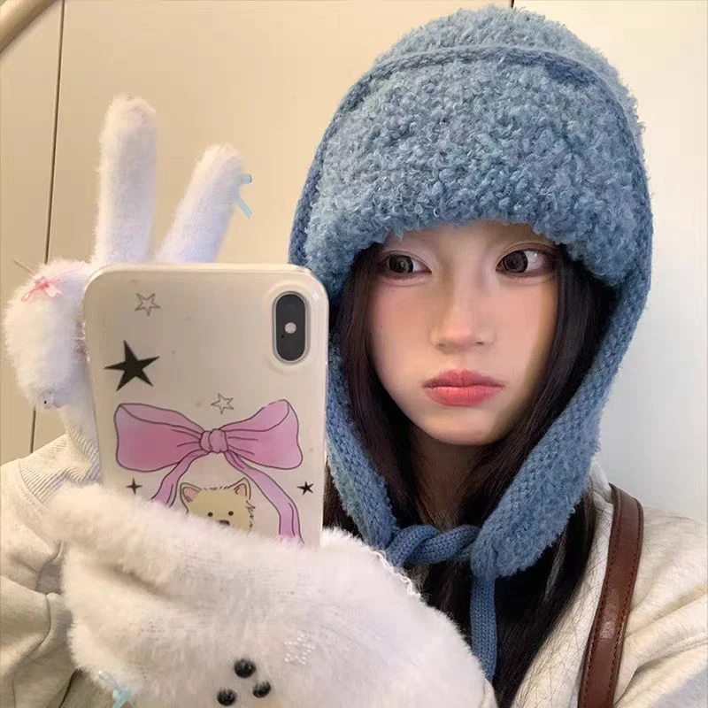 قبعات نسائية من الصوف الدافئ للخريف والشتاء، قبعات صوفية محبوكة مع حماية للأذن، مصنوعة لمقاسات الرأس الكبيرة