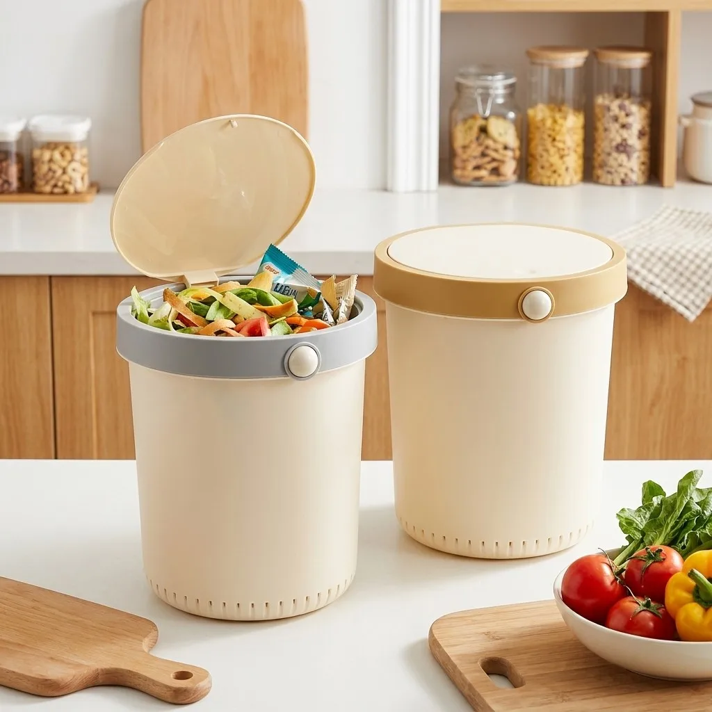 Round Plastic Trash Can with Press Lid Beige Kitchen Garbage Can Waterproof Bathroom Wastebasket Office Desk Dustbin Recycle Bin