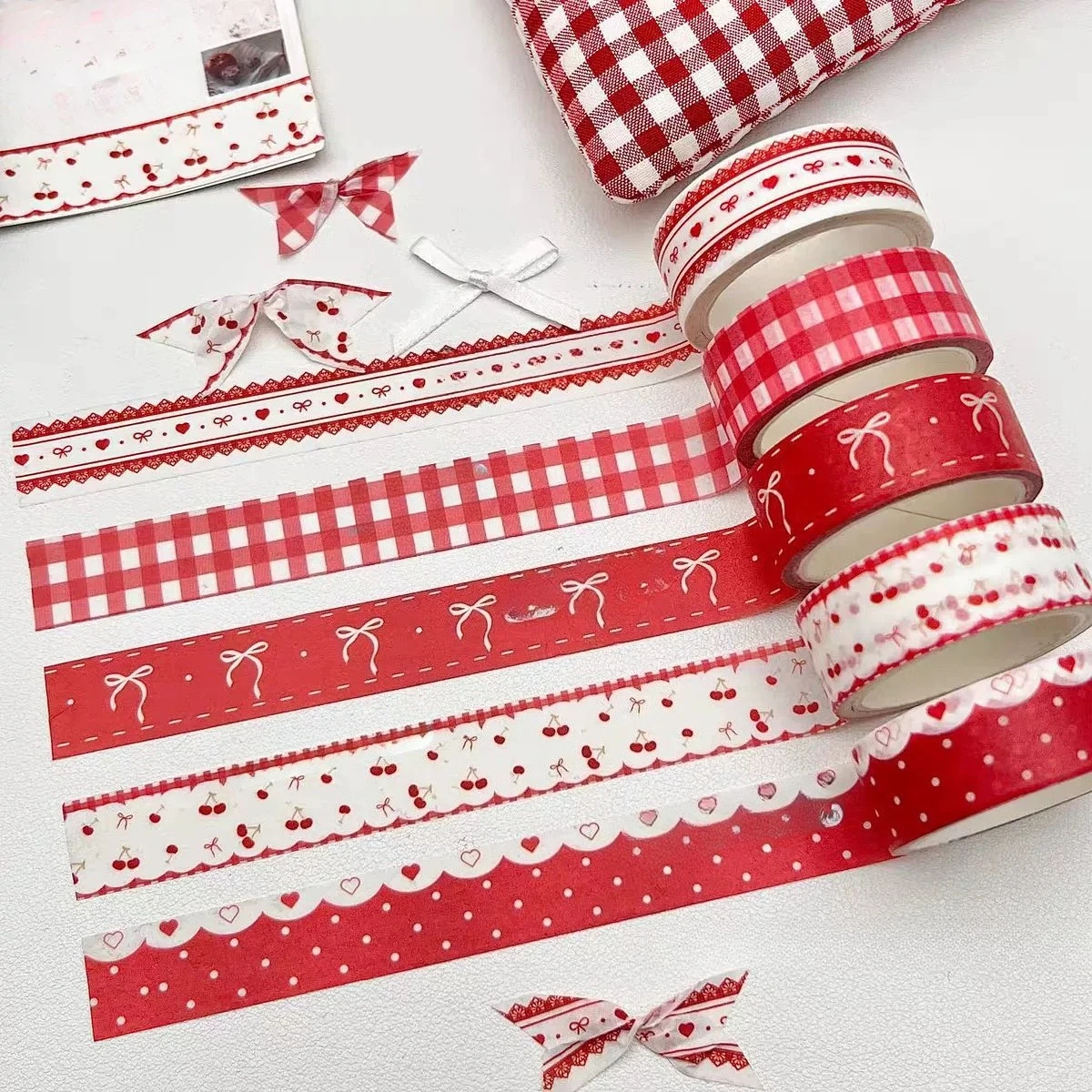 5 Rolls Korean Aesthetic Red Washi Tape Bow Cherry Checkered Dot Decorative Masking Tape For Journal Scrapbooking Stationery