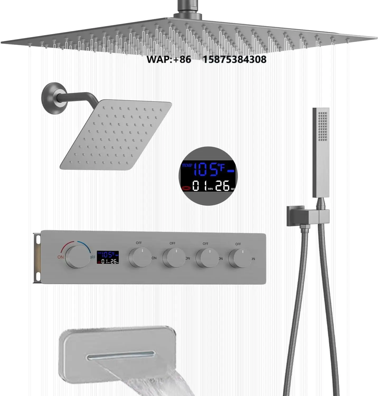Hongdec Brushed Nickel Modern Shower Set Digital Display Thermostatic System Brass/Stainless Steel Wall Mount Rain Jet Spray