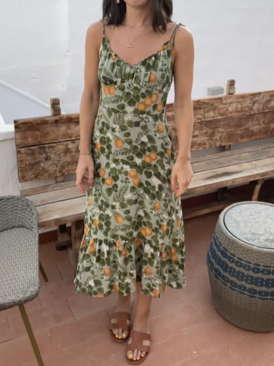 

Women Floral Print Long Sling Dress V-Neck Sleeveless High Waist Casual Slim Robe