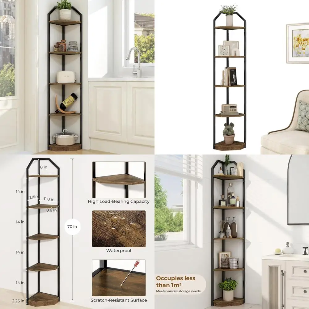 

70 Tall 5-Tier Metal Shelving Unit for Book Displays, Living Room Decor, and Multi-Purpose Storage in Brown