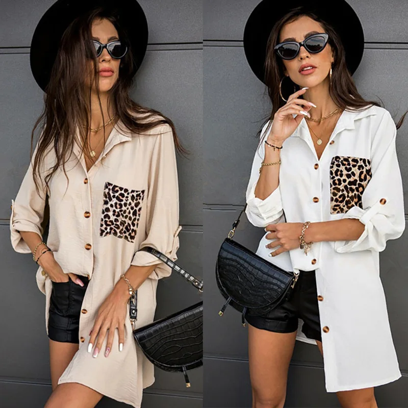 المرأة فضفاضة ليوبارد طباعة جيب المرقعة كم طويل قميص عادية بدوره طوق منتصف طول القمصان والبلوزات