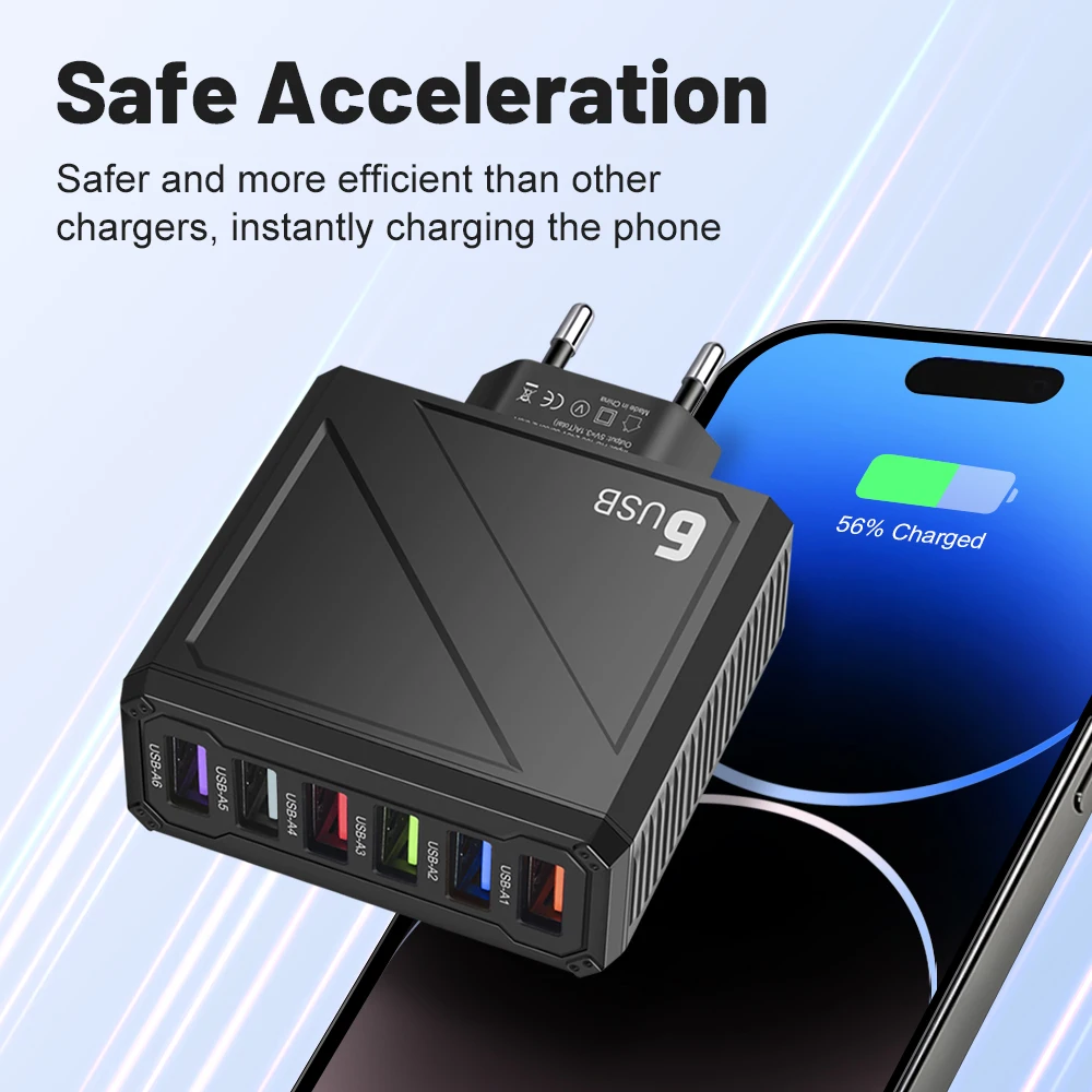 6 Ports USB Charger 3.1A  Fast Mobile Phone Charger For Samsung iPhone 15 Xiaomi 14 Pro Max Huawei Wall Charger US/EU/UK/KR Plug