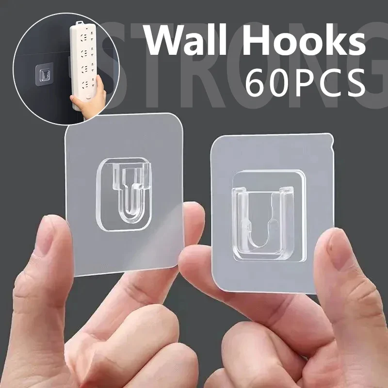 

Double Sided Adhesive Wall Hooks Strong Wall Storage Traceless Transparent Hanger Bathroom Kitchen Bedroom Plug Socket Holders