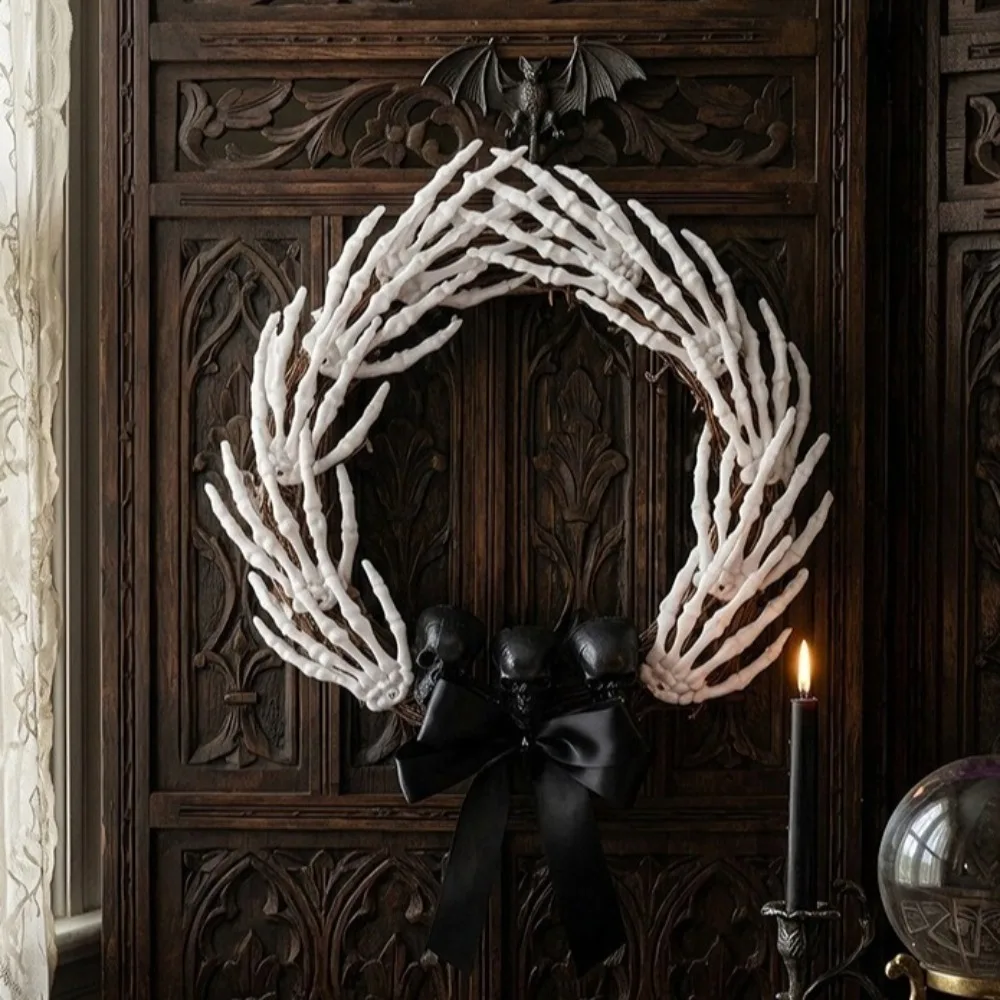 Dark Style Halloween Skeleton Hand Wreath Black Ribbon White Bones Halloween Artificial Wreath Black Bow Black Branch Wreaths