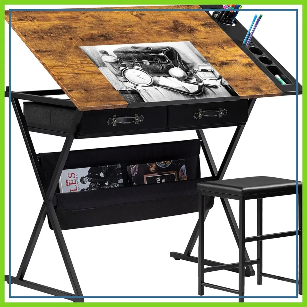 

Adjustable Drafting Table with Tilted Top, 2 Drawers & Stool for Artists, Crafting, Reading, Writing, Rustic Brown
