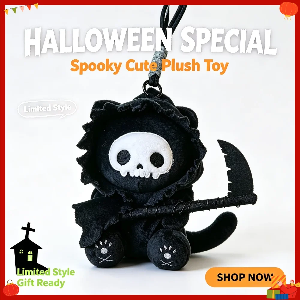 Halloween Dark Grim Reaper Cat Plush Keychain Black Skeleton Cat Stuffed Doll with Scythe Hood Bag Pendant Toy for Holiday Gifts