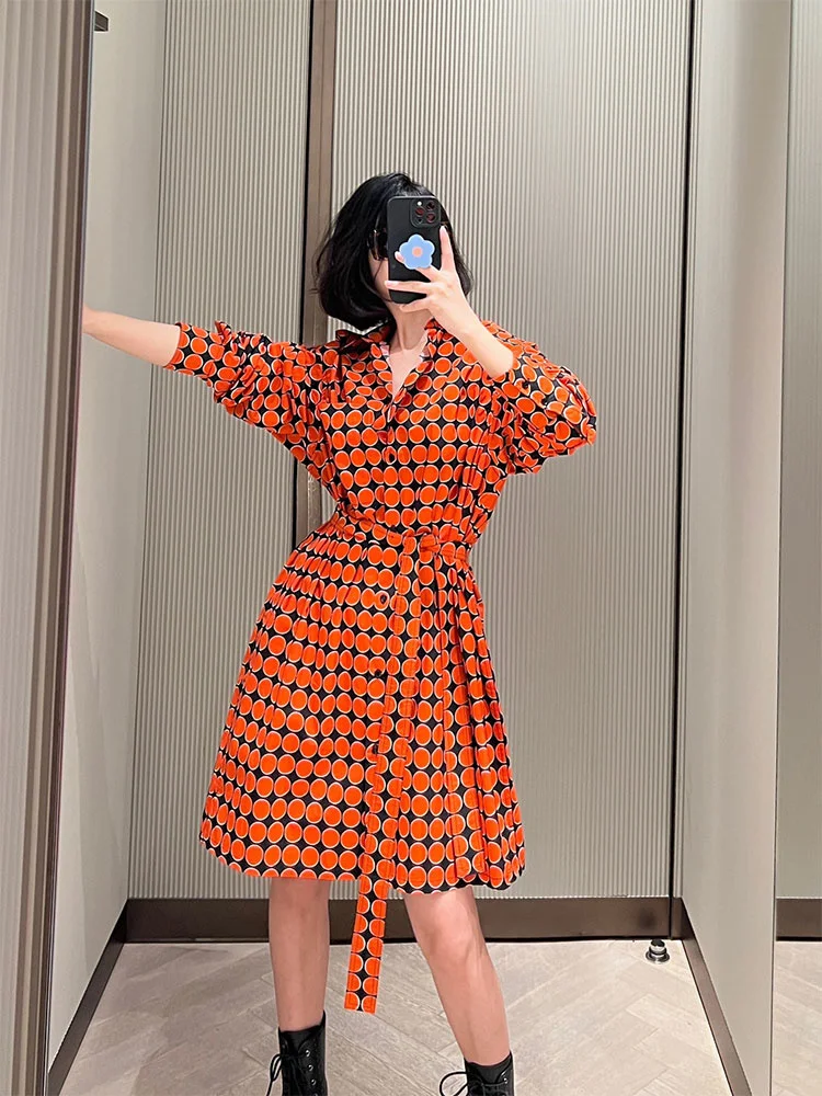 

High end exquisite French Kikyo tea break skirt Light cooked Royal Sister Style Slim Orange Dot Shirt Dress Women Summer