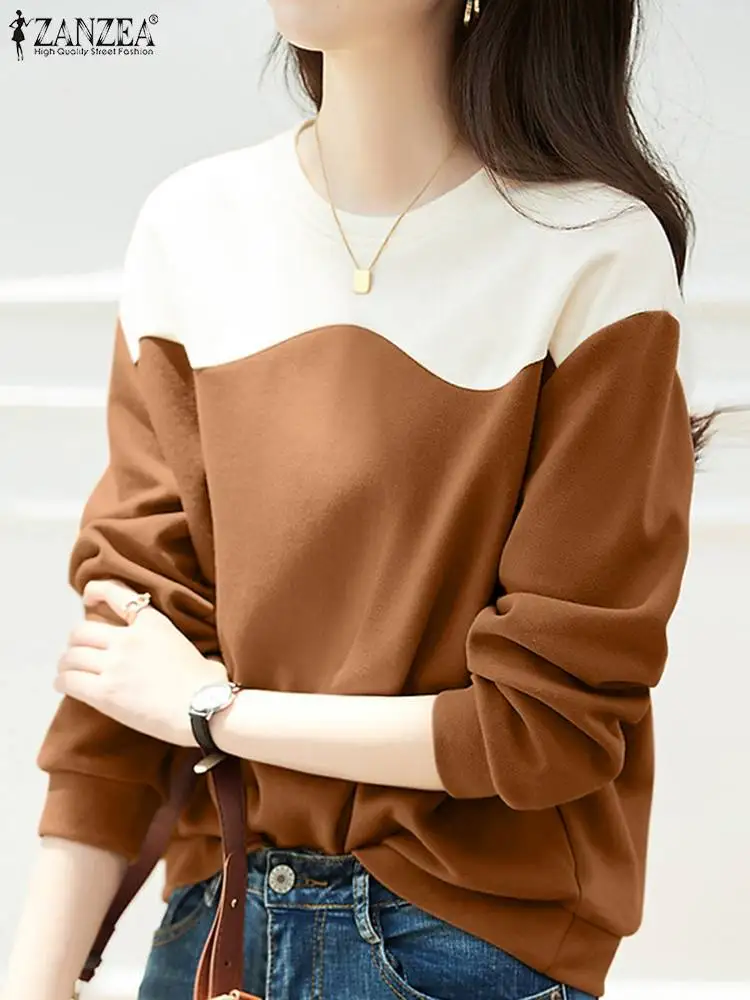 ZANZEA Autumn Patckwork Long Sleeve Sweater Simple Casual Sweatshirt Women Korean Round Neck Blouse Tunic 2024 Fashion Loose Top