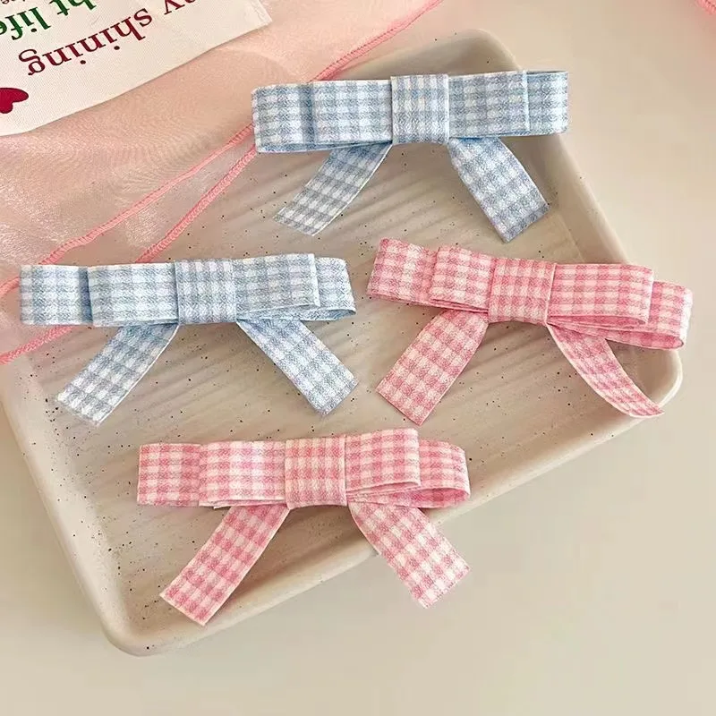 Y2K  Pink Bow Hair Clip for Women Side Fringe Clip Double Ponytail Duckbill Clip Hairpin Plaid Accessories for Girls Headwear