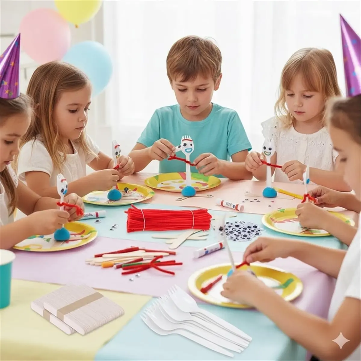 A77K DIY Fork Set, Air Dry Clay Plastic Sporks Red Pipe Cleaners Clever Eyes Ice Cream Stick, Make Your Own Forky, Puzzle Toy