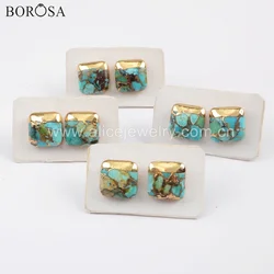 BOROSA Boho Turquoises Studs Earring Golden Plated Square Natural Turquoises Earrings Handmade for Lady Valentine’s Day Gifts