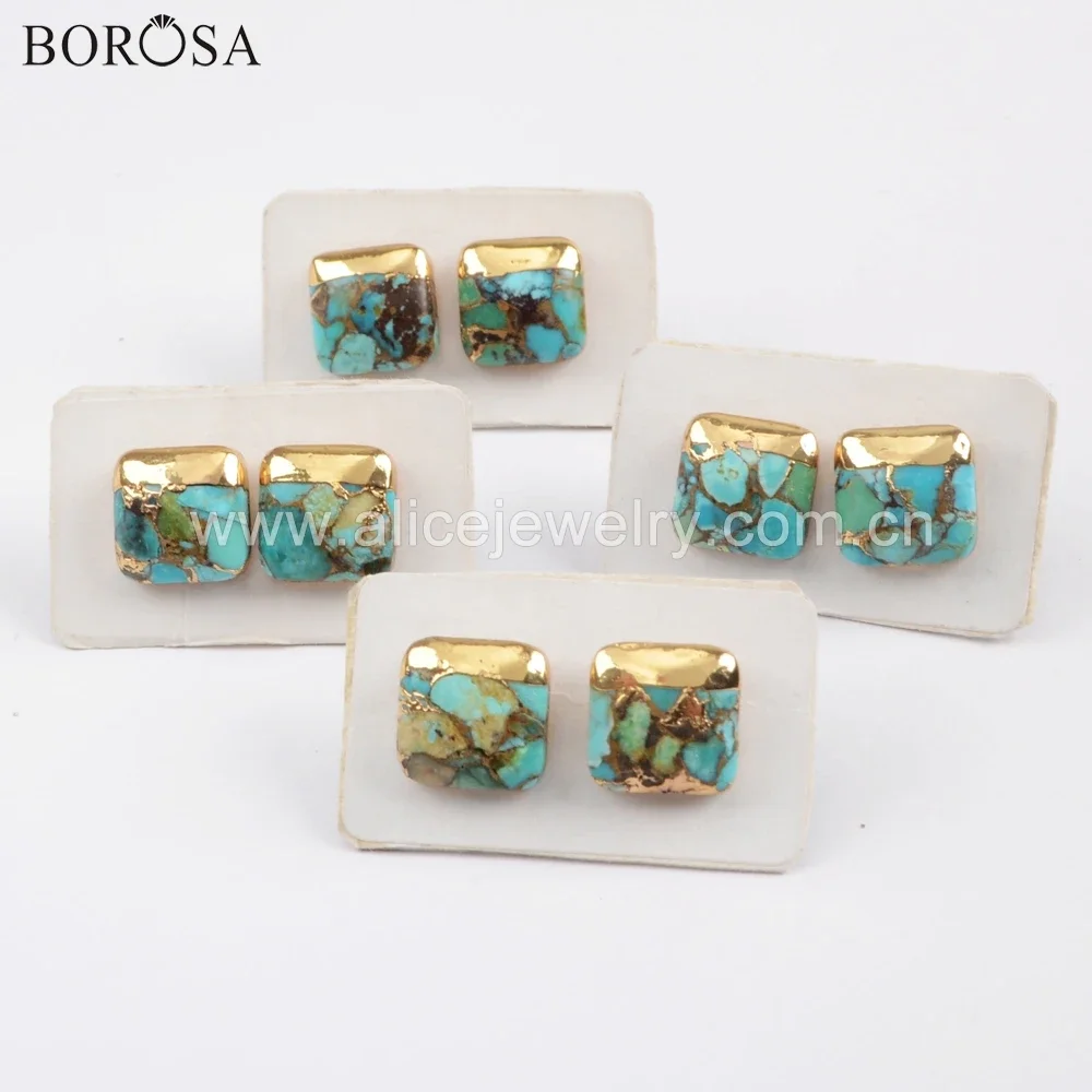 BOROSA Boho Turquoises Studs Earring Golden Plated Square Natural Turquoises Earrings Handmade for Lady Valentine’s Day Gifts