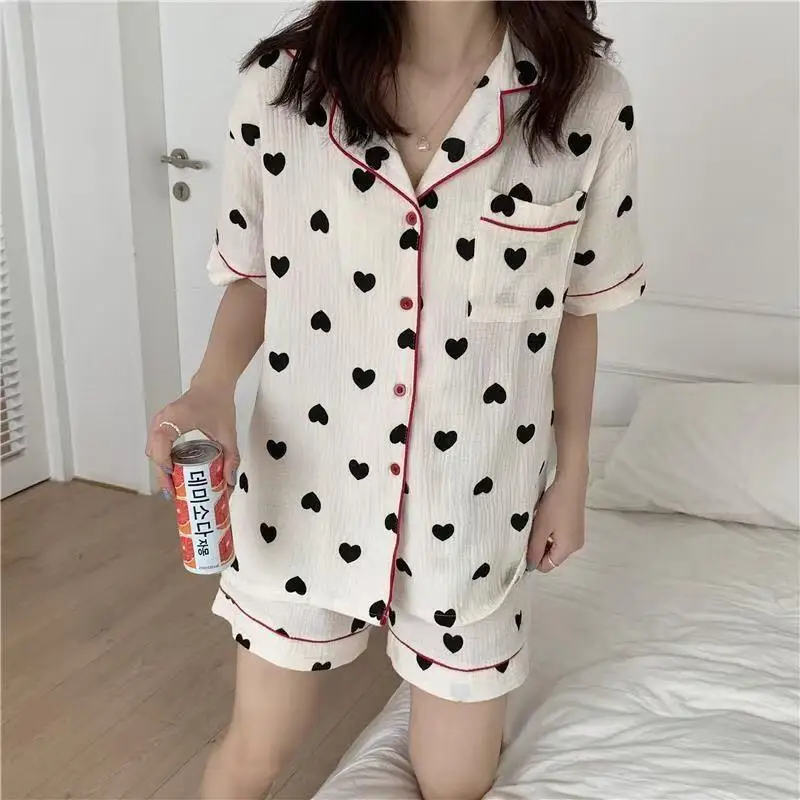 

Korean Version Sweet Cute Girl Heart Cardigan Fashionable Women's Short Sleeved Pajamas Summer Student Home Suit Set New Style