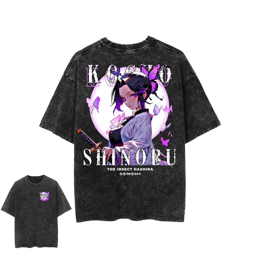 

Demon Slayer Shinobu Kocho Insect Hashira Purple Butterfly Moon Acid Wash Oversized Black T Shirt 2026 Summer Streetwear Tee
