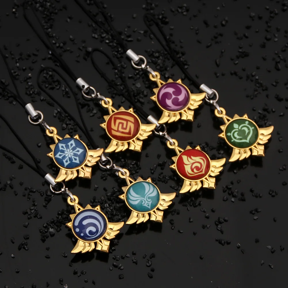 Anime Keychain Genshin Impact Luminous 7 Element Double Side Glass Pendant Phone Straps Eye Of Original Weapons Keyring Souvenir