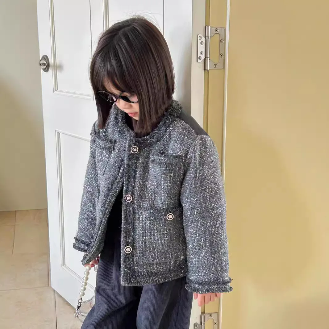 

Girls Coat 2024 Winter New Childrens Clothes Korean Style Baby Girl French Chanels Style Tweed Thick Coat Casual Simple Daily