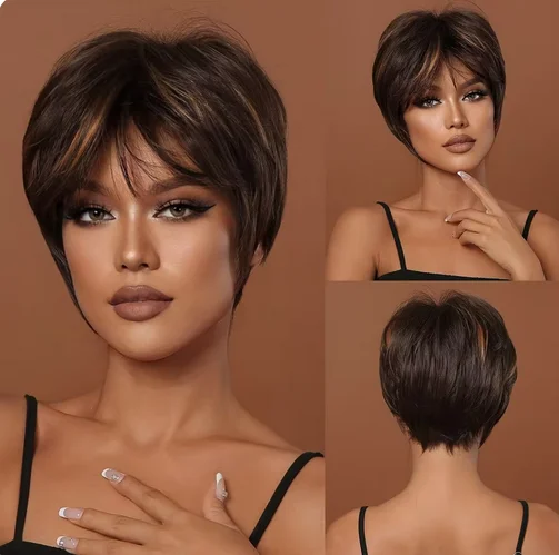 Perruques de cheveux synthétiques bruns pour femmes noires, coupe Pixie courte, perruques de cheveux naturels avec frange, fête, utilisation 03, degré de chaleur