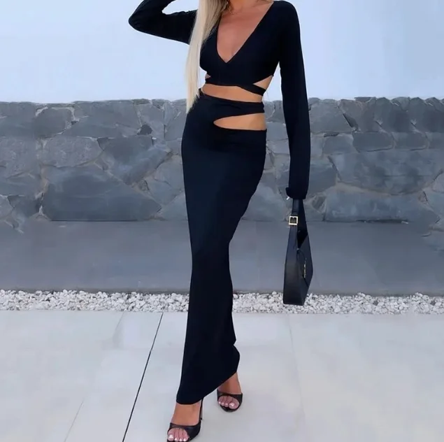 Nueva moda 2025 vestidos de fiesta de noche elegantes y sexis de Color sólido de corte bajo con cuello en V vestido Sexy ahuecado picante para chica que abraza la cadera