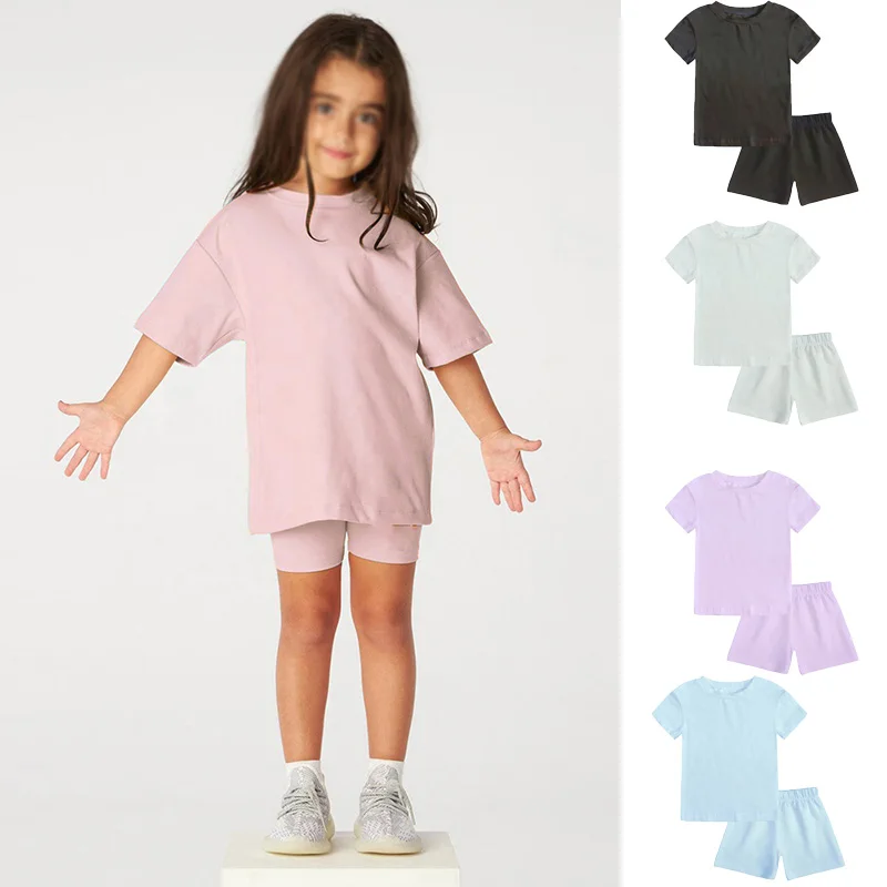 Collection Little Kids Baby Girls Clothes 2 Pieces Tracksuit Set Oversized Short Sleeve Cotton T-shirt+Shorts Sportwear Leggins