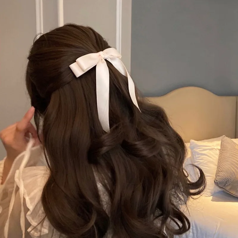 Fashion Solid Color Satin Bow Long Ribbon Hair Clips for Women Korean Style Design Lady Hairpins Headwear