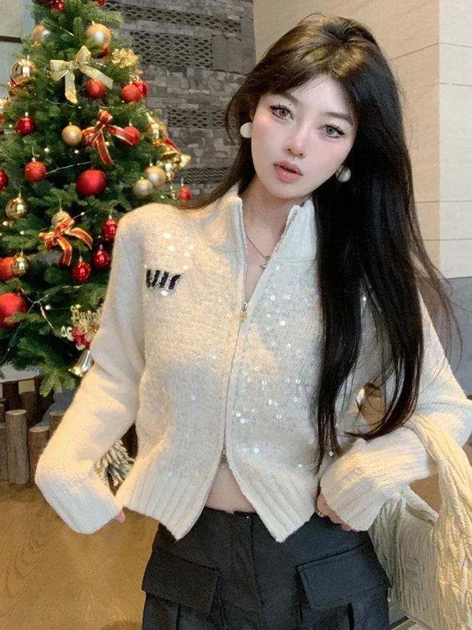 Autumn Winter Retro White Letters Embroidery Sequins Knitted Cropped Cardigans Sweater Jacket Women Kawaii Zipper Sweater Tops