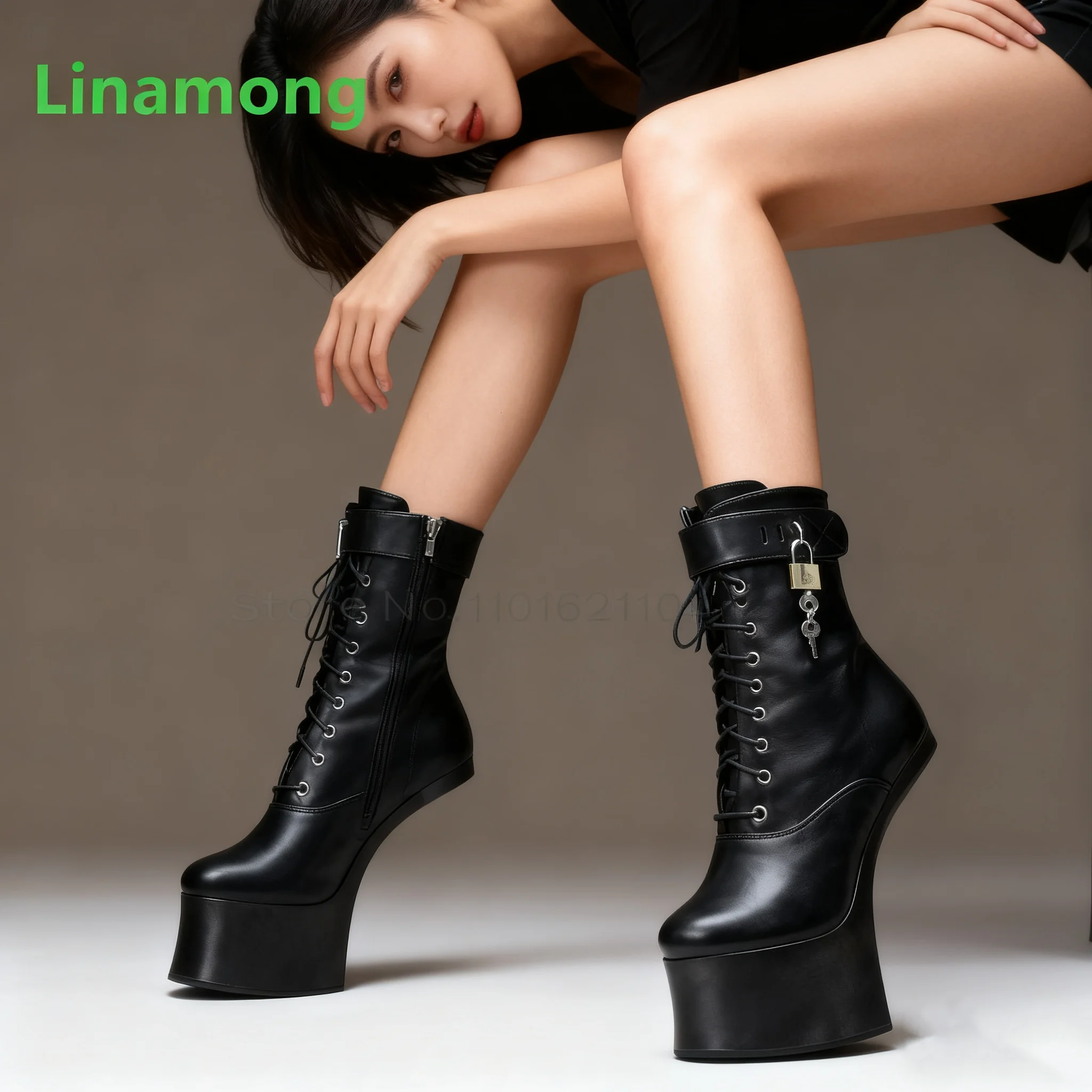 Schnürstiefel mit seltsamem Absatz für weibliche Frauen, große Größe 36–46, Metallverschluss und Schlüssel, runde Zehen, knöchelhohe, modische, elegante Runway-Schuhe