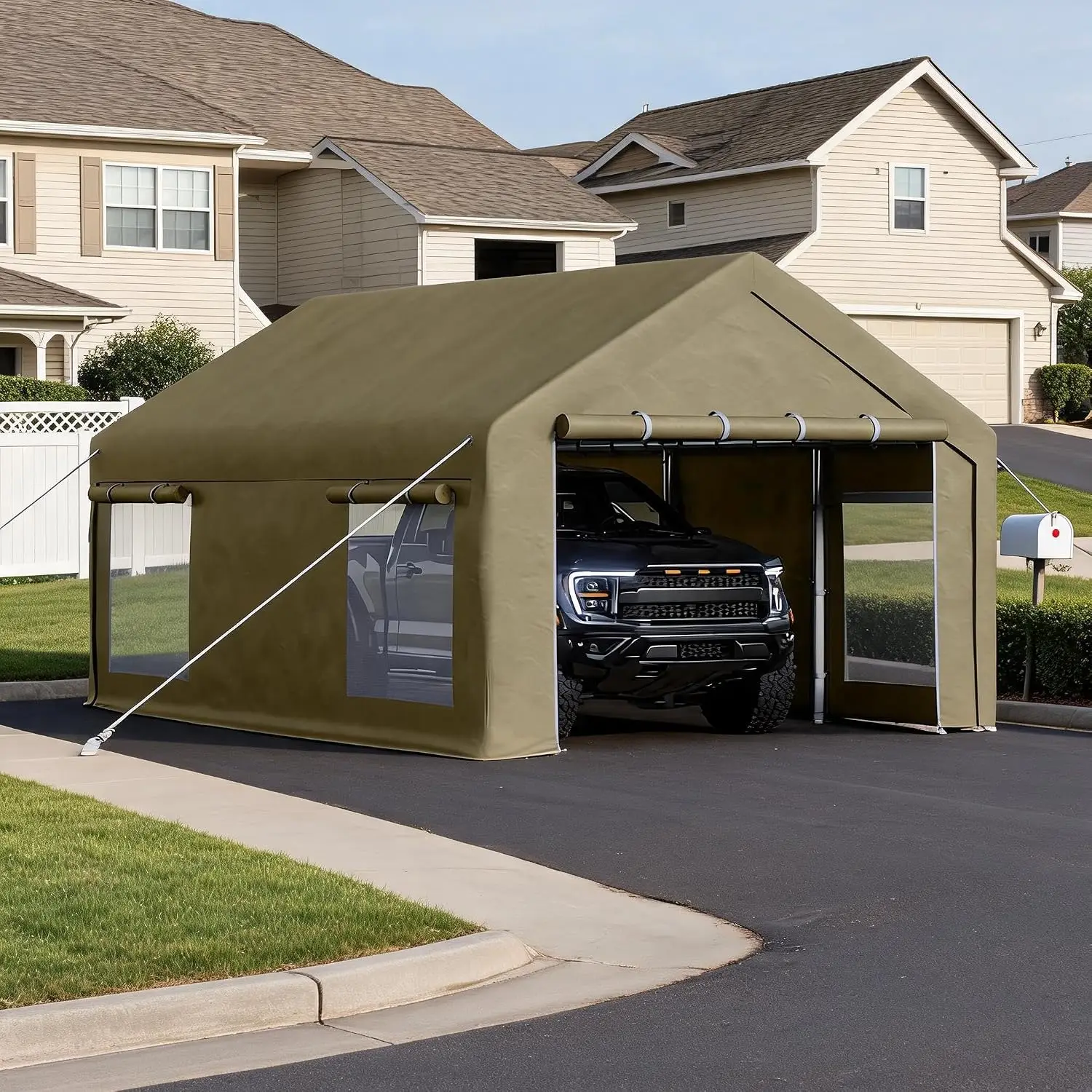 Khaki 12x20 ft Portable Garage – Heavy Duty 200g PE Carport with 2 Roll-Up Doors & 4 Windows | Temporary Paint Booth, Boat & Pickup Shed, Event Shelter