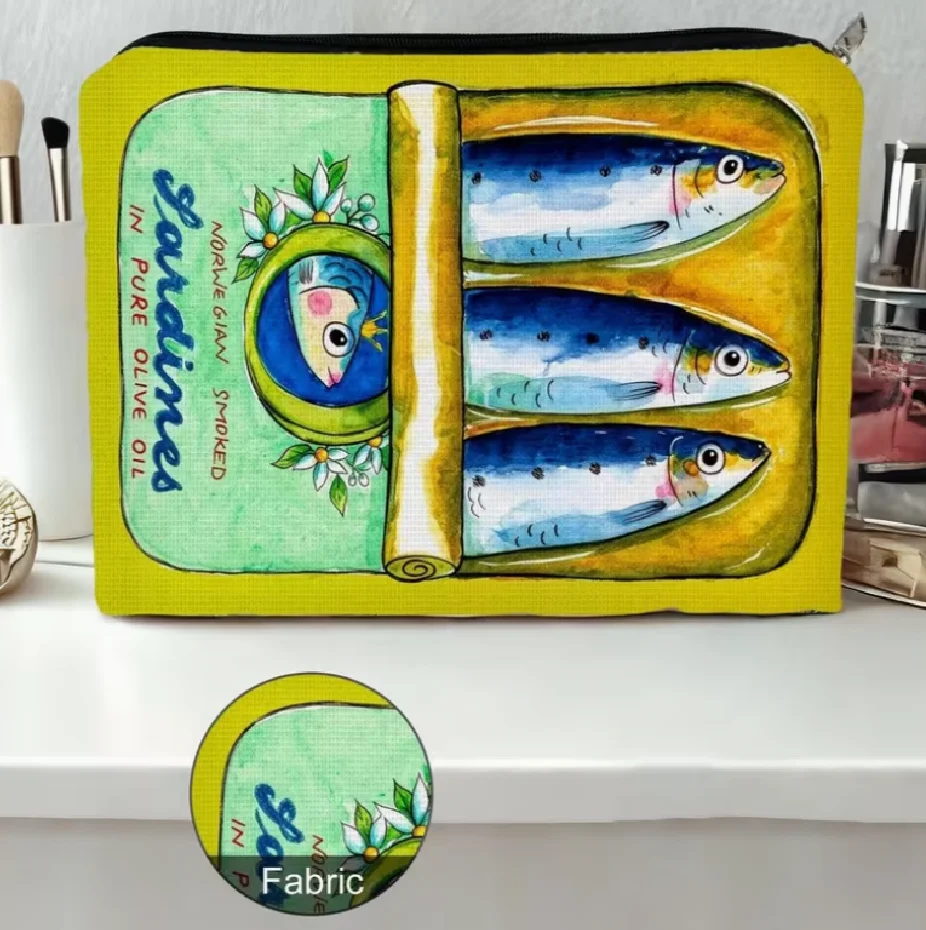 Whimsical Watercolor Canned Sardine Print Polyester Makeup Pouch Portable Travel Cosmetic Bag Storage Bag Daily Use and Travel