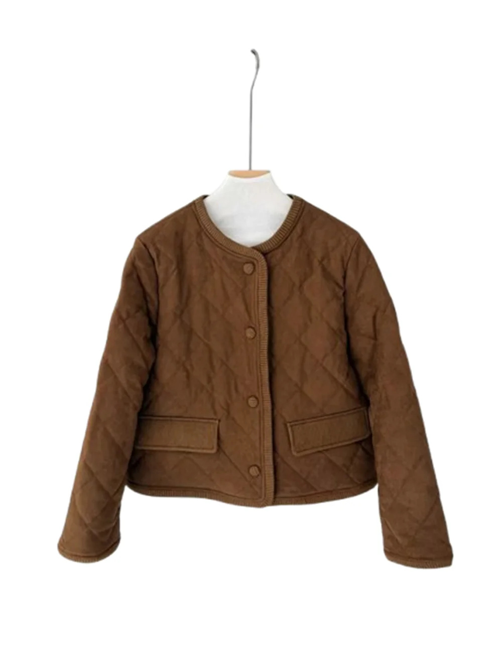 2025 شتاء جديد جولة الرقبة قميص قطني بكم طويل بلون الماس شبكة أسفل سترة الربط بطة أسفل معطف محبوك