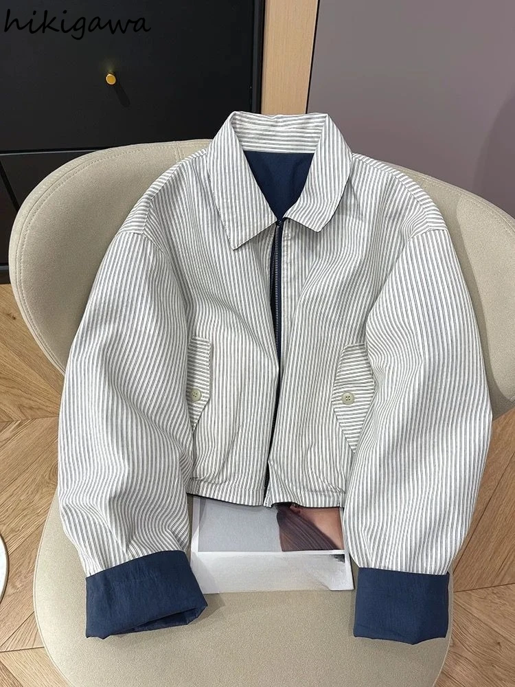 

Винтажные женские куртки 2026: уличная мода, свободный крой, в полоску, с длинным рукавом, на молнии, повседневные модные пальто и топы для женщин