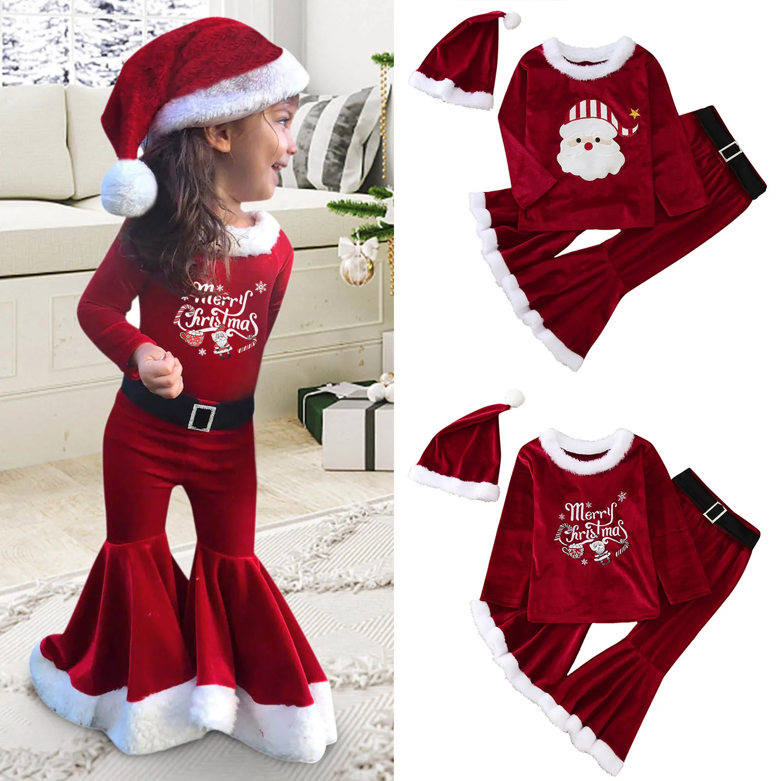 

2025 New Year Elf Costume For Kids Girl Green Santa Claus Suit Set with Hat Children Fancy Christmas Party Dress Set Performance