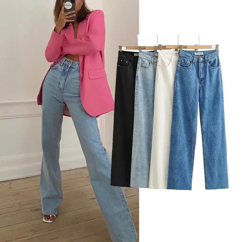 Europe and America Fashion Street Trend High-waisted Jeans Women Casual Wide Leg Full Length Denim Pants Raw Edge Baggy Jeans