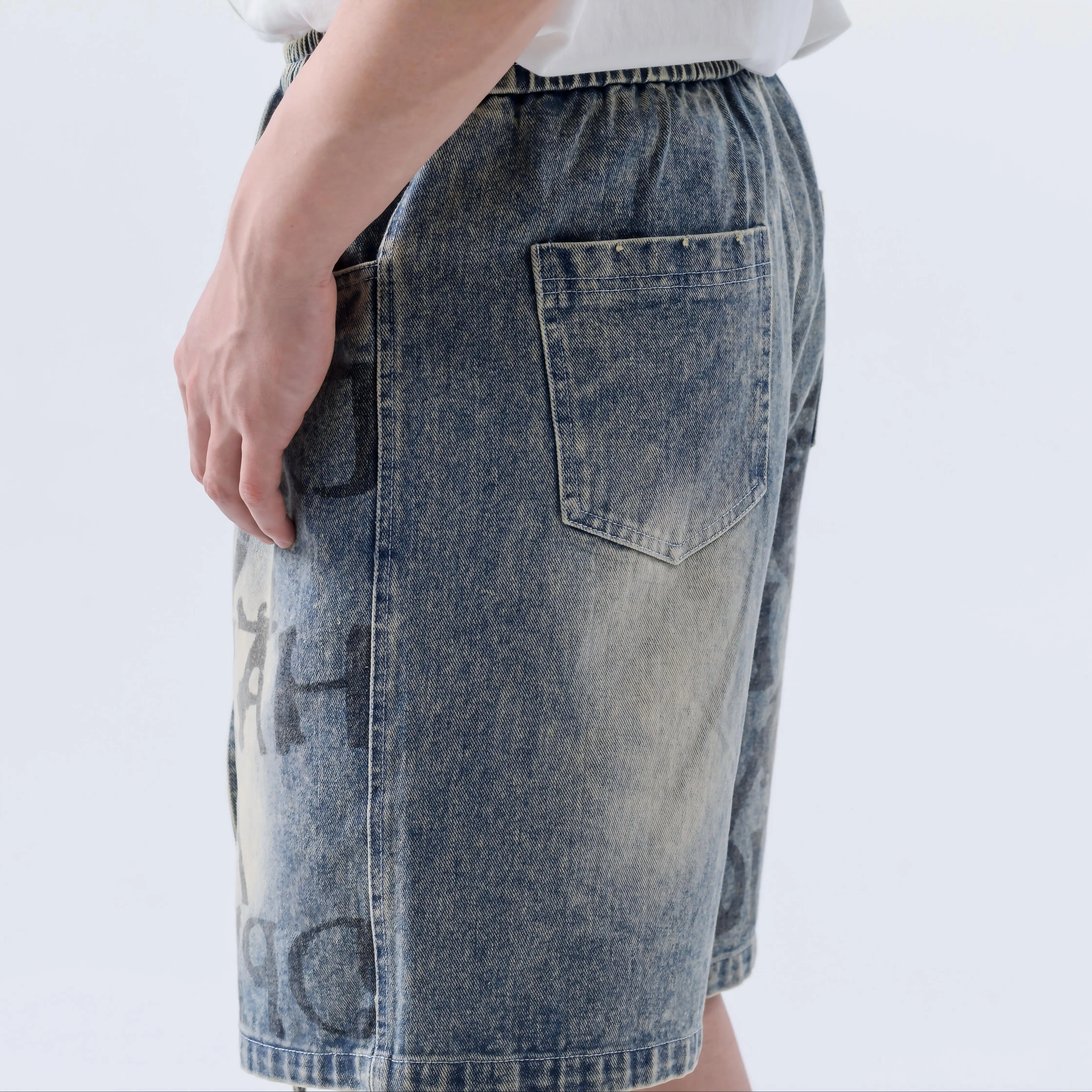 Heavyweight Distressed Vintage Letter Distressed Print Baggy Mid-length Pants Denim Shorts American Retro Knee-length Jean