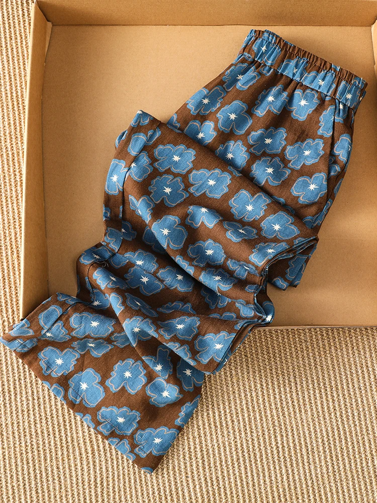 Slimming Floral Cotton Linen Casual Pants Versatile Straight Leg High Waist Digital Printing Wide Leg Pants for Casual Wear