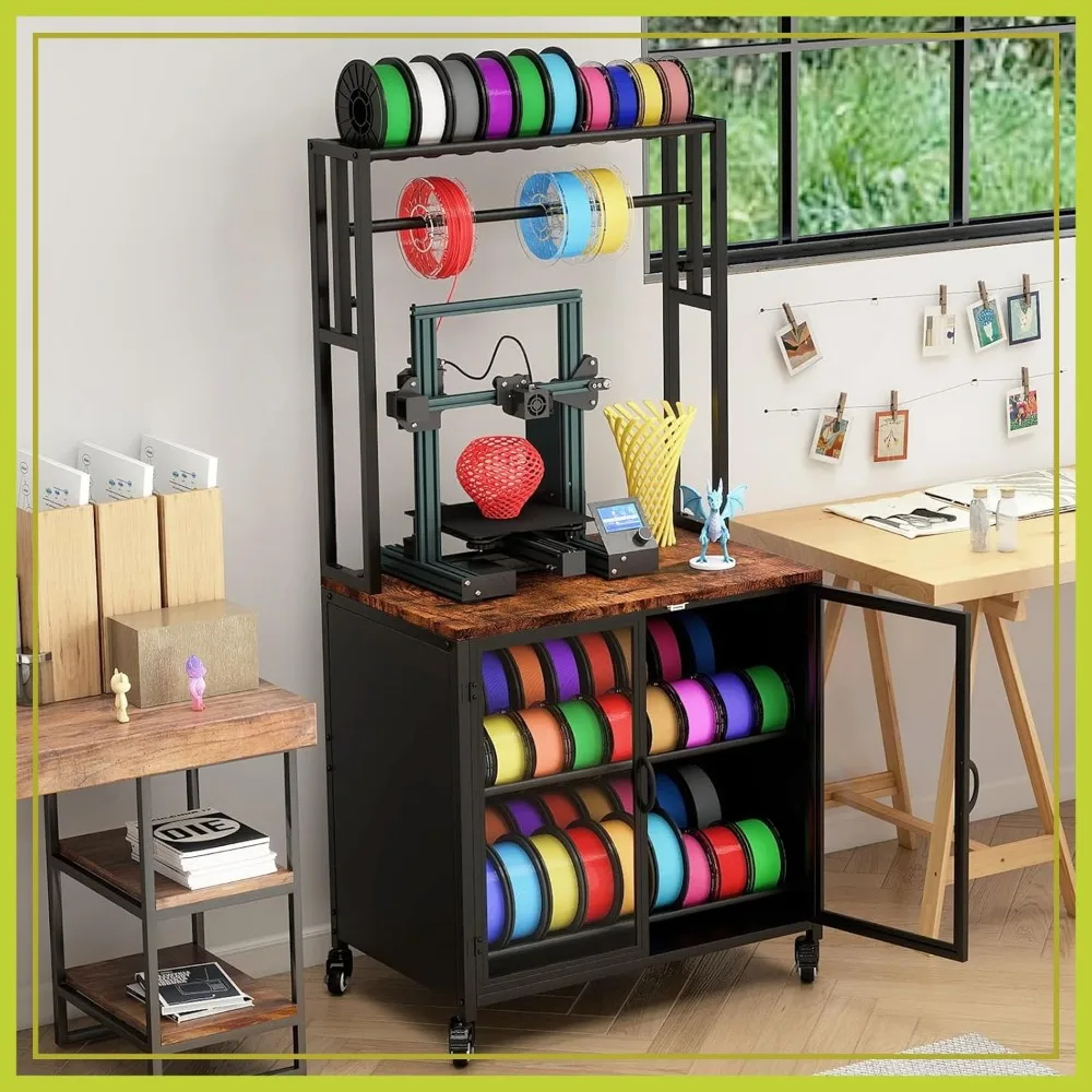 

3D Printer Stand with Filament Storage, Heavy-Duty Workbench on Wheels, Organizing Table for Studios and Offices