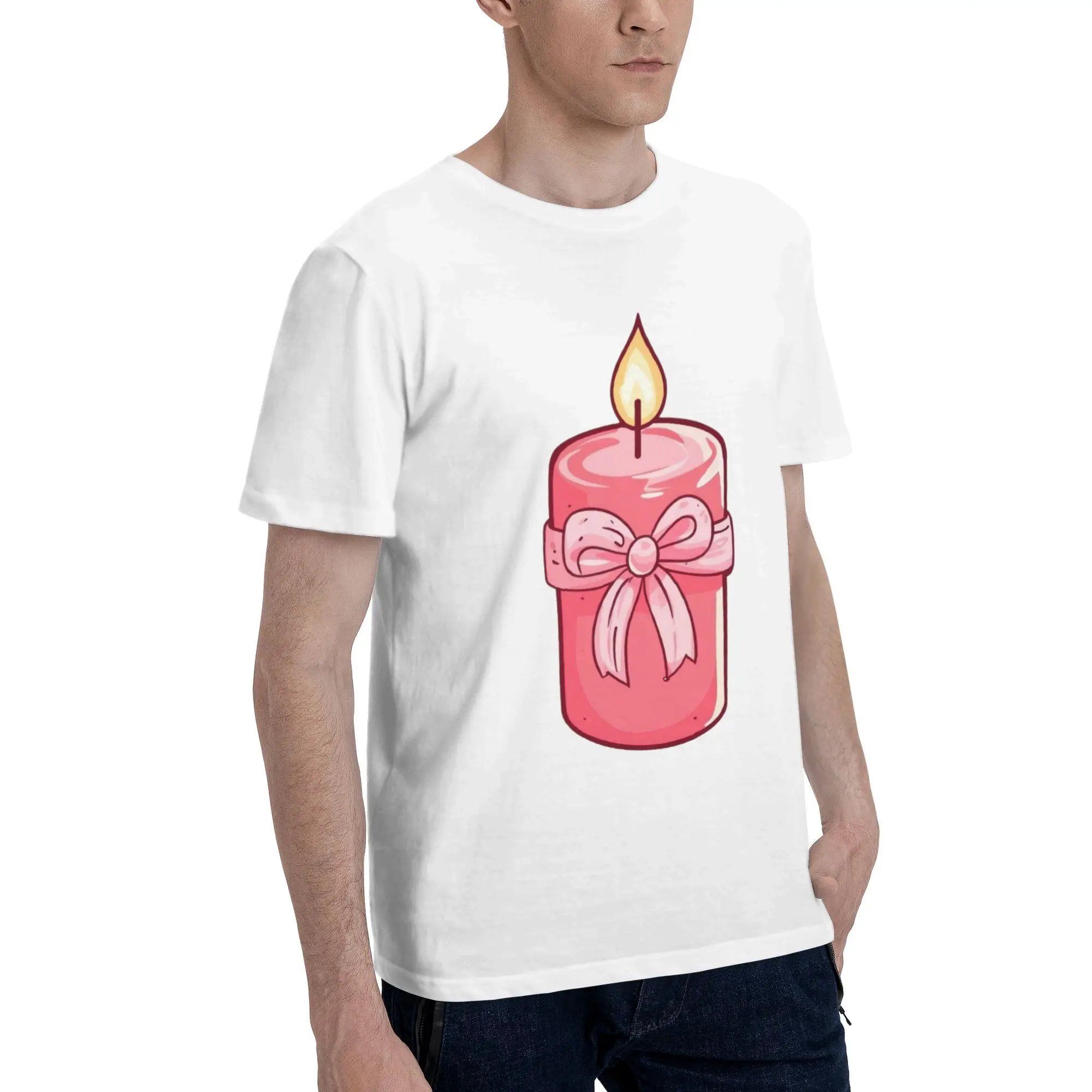 Pink Ribbon Candle Cute Illustration Men's T Shirt  Unique Tees Short Sleeve O Neck Pure Cotton New Arrival Clothing T-Shirt