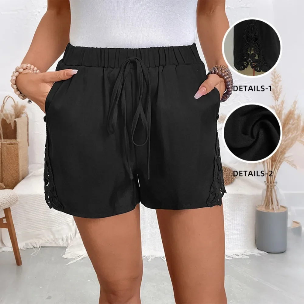 Women Solid Color Lace Patchwork Shorts Comfort Versatile Casual Home Daily Streetwear Minimalist Chic Ladies Loungewear Shorts