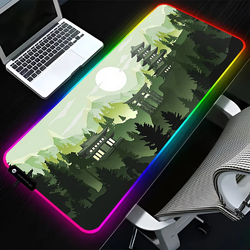 RGB LED Mouse Pad Rubber Mousepad Computer Gaming Accessories Keyboard Pad Non Slip Desk Mountain Forest Pagoda Torii Mouse Mat