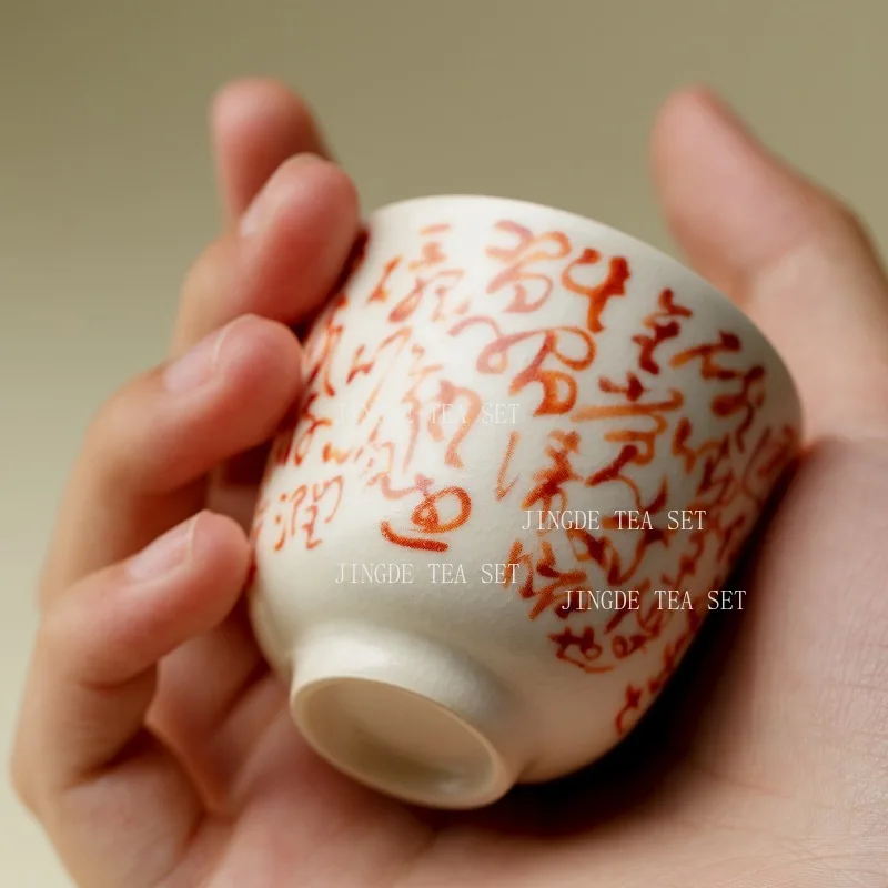 40ml Ceramic Goldfish Tea Cup Hand Drawn Text Master Cup Jingdezhen Chinese Style Tea Cup Household Kung Fu Drinking Utensils