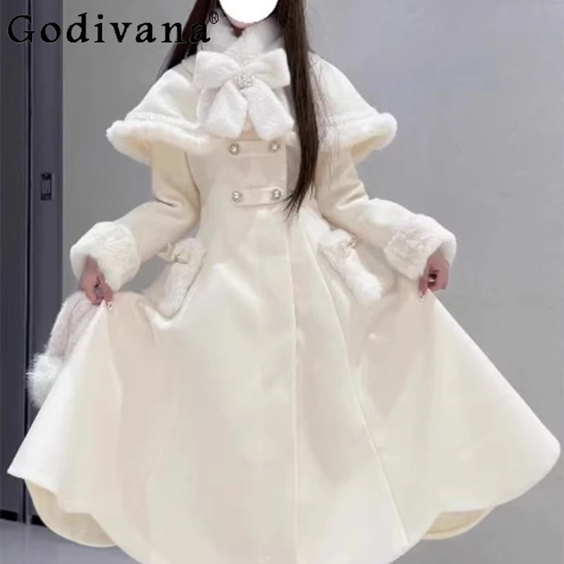 

White Mid Length Quilted Detachable Cape Dress Set Women's Japanese Style Lolita Dress Set Female Sweet Cute Dress Suit
