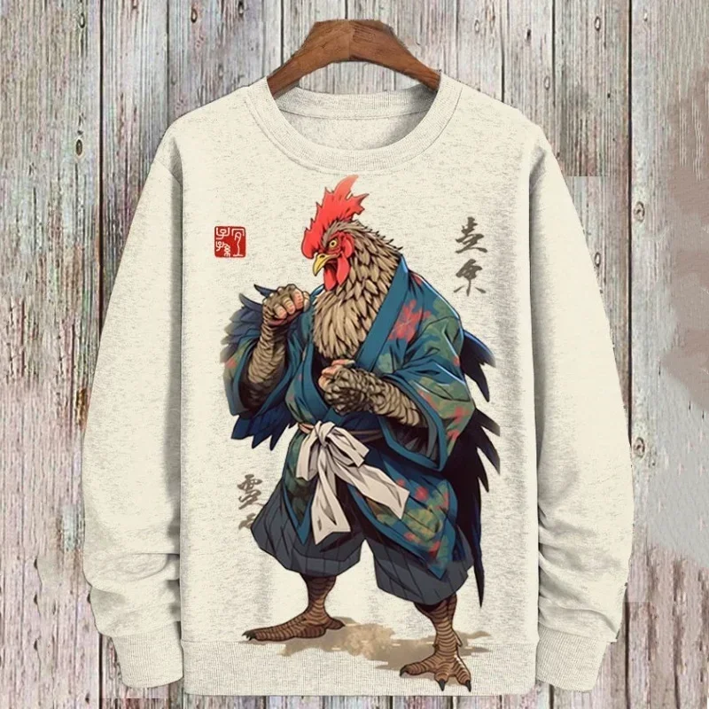 Men's Kung Fu Chicken Pattern Hoodie Retro 3D Printed Pullover Autumn Street Long Sleeve Loose Sweatshirt Round Neck Sweatshirt