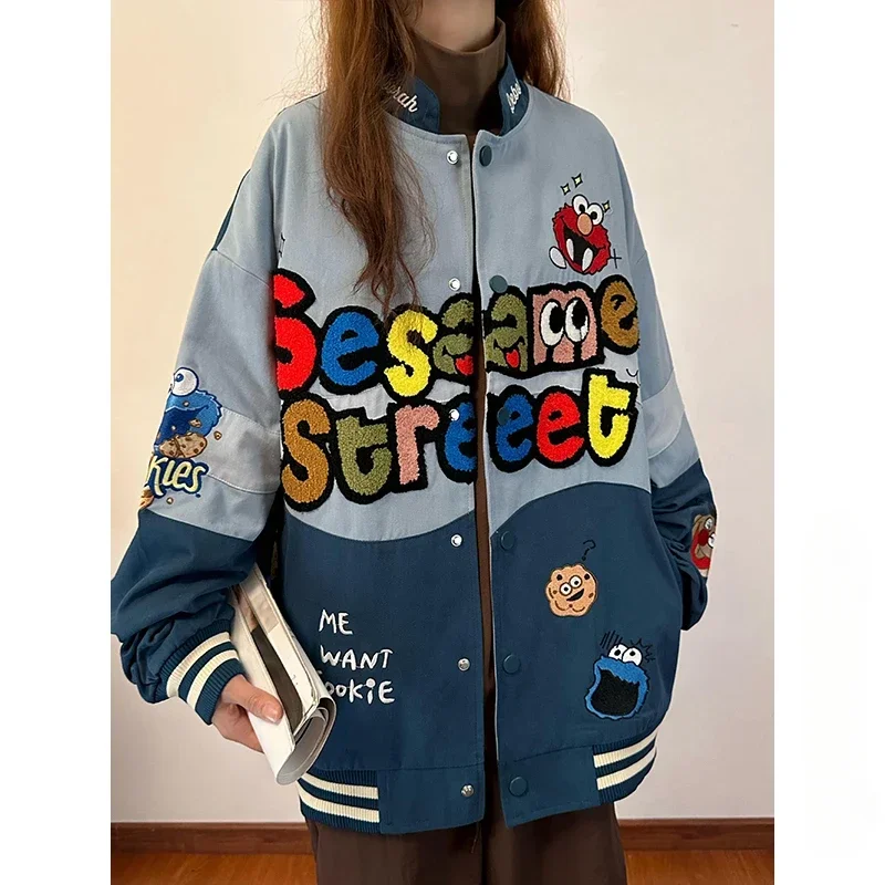 Autumn and Winter Japanese Style College Style Women's Cartoon Embroidered Baseball Jacket Thickened Versatile Blue Cotton Coat