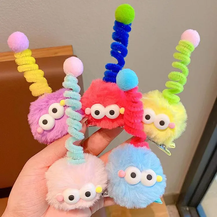 Cute Little Monster Hair Clips Women Funny Cartoon Antenna Plush Ball Doll Hairpins Barrettes Girls Sweet Headwear Hair Jewelry